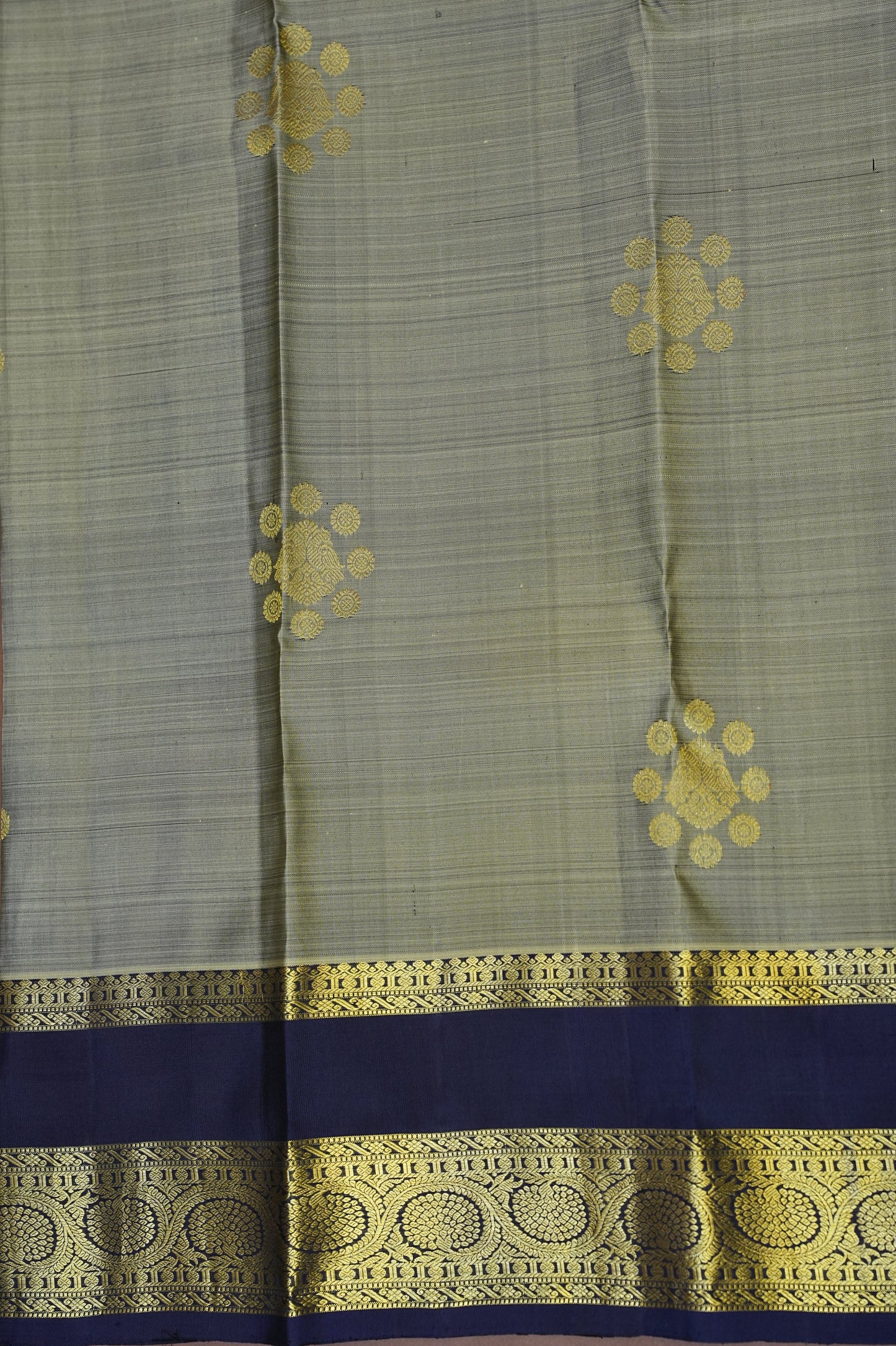 Pure Kanchipuram Silk Saree with Rich Gold Zari Weaving - Silver Grey & Navy Blue