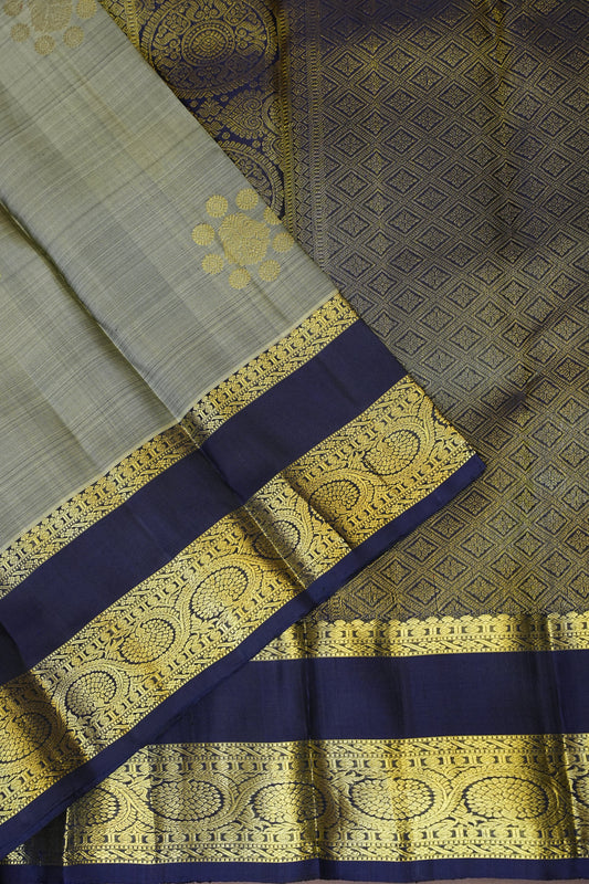 Pure Kanchipuram Silk Saree with Rich Gold Zari Weaving - Silver Grey & Navy Blue