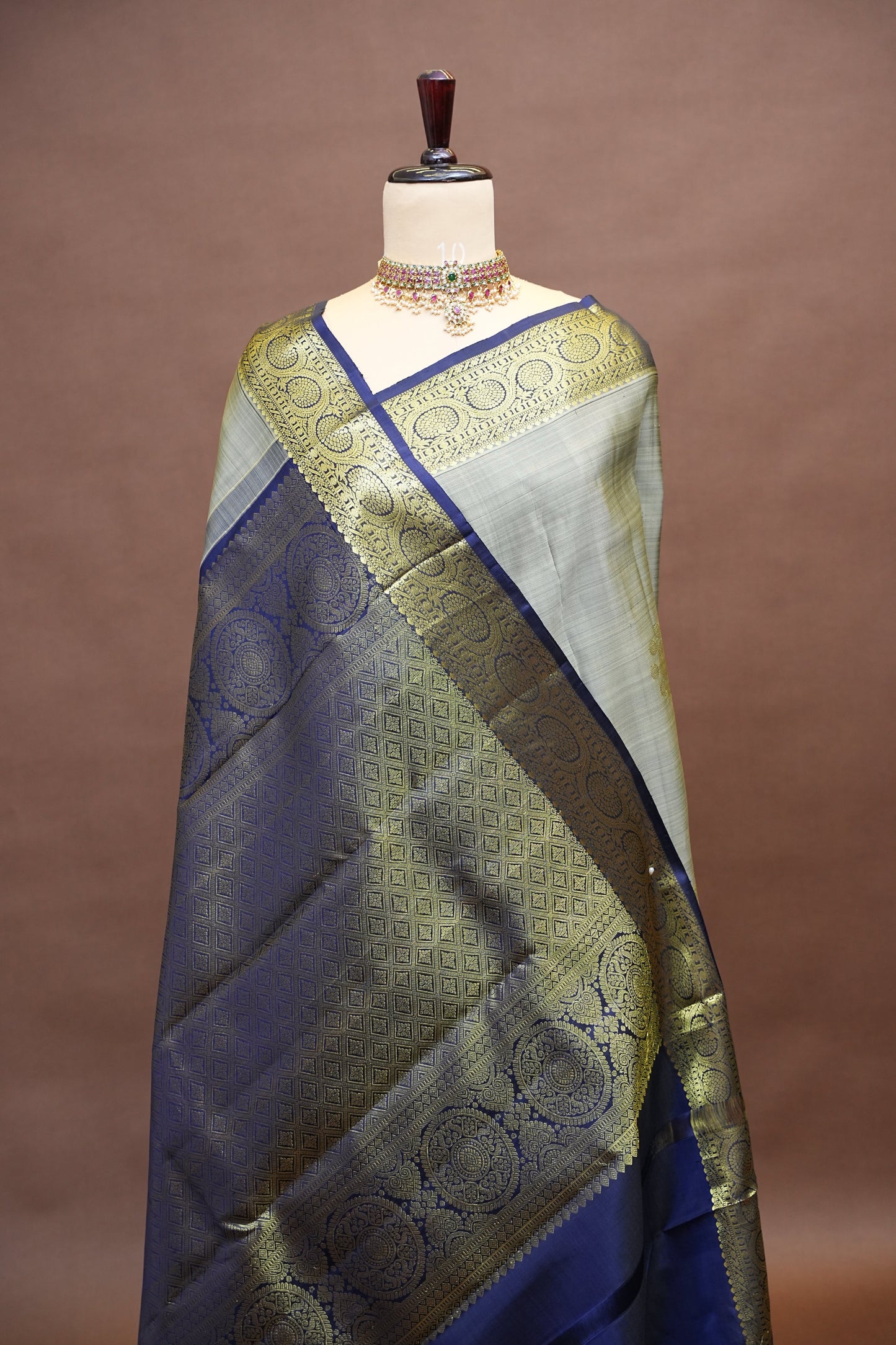 Pure Kanchipuram Silk Saree with Rich Gold Zari Weaving - Silver Grey & Navy Blue