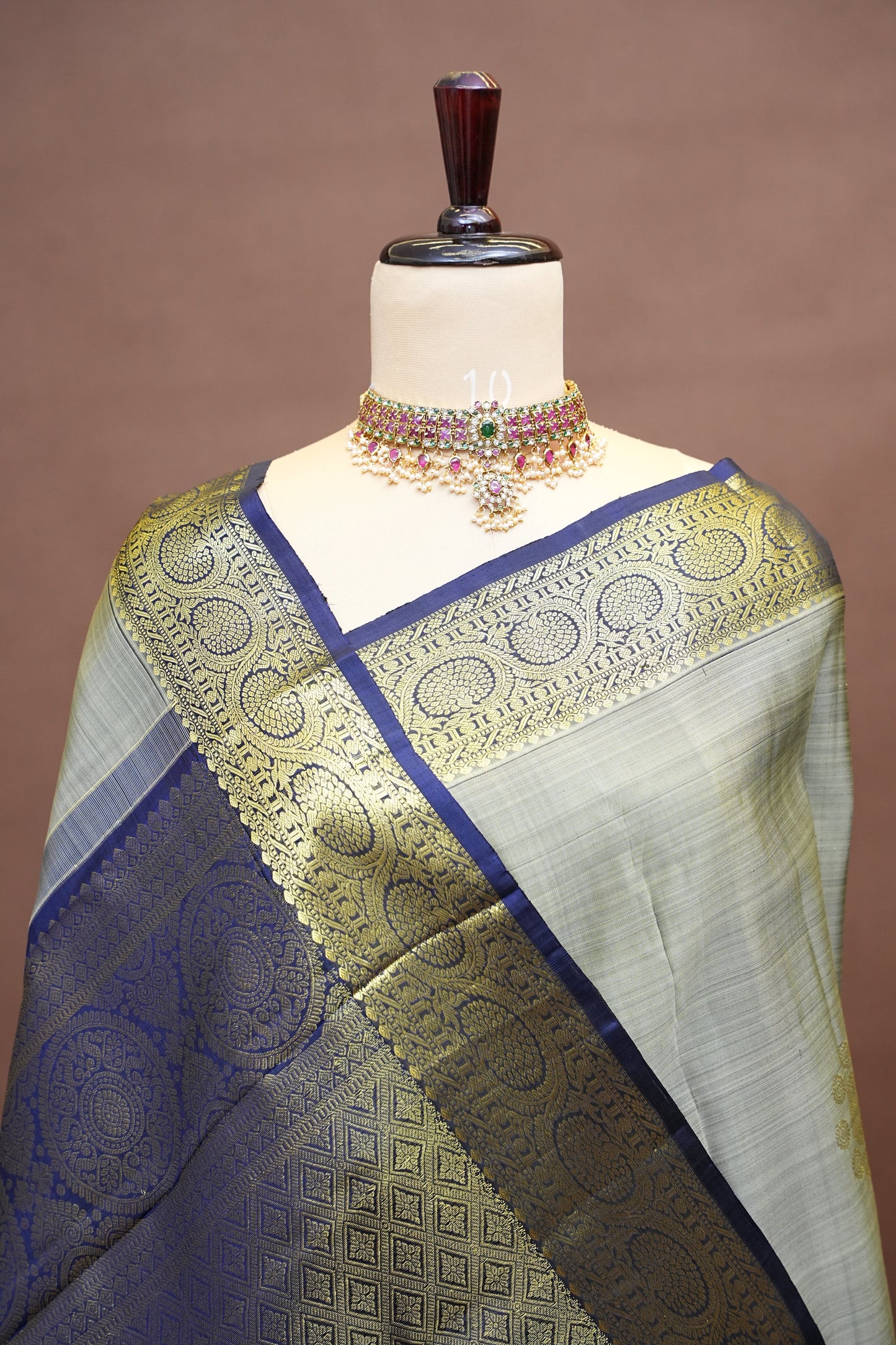 Pure Kanchipuram Silk Saree with Rich Gold Zari Weaving - Silver Grey & Navy Blue
