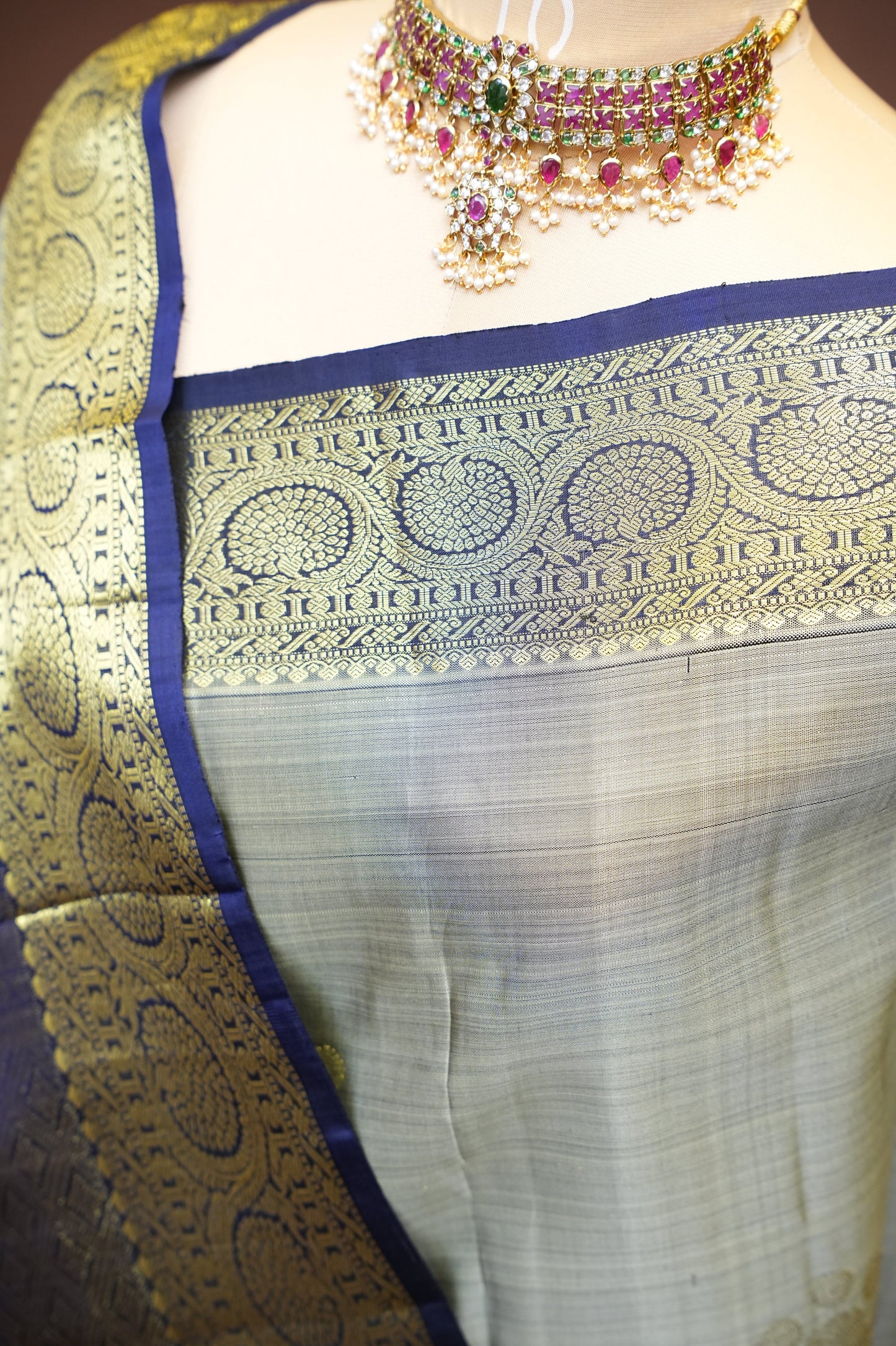 Pure Kanchipuram Silk Saree with Rich Gold Zari Weaving - Silver Grey & Navy Blue