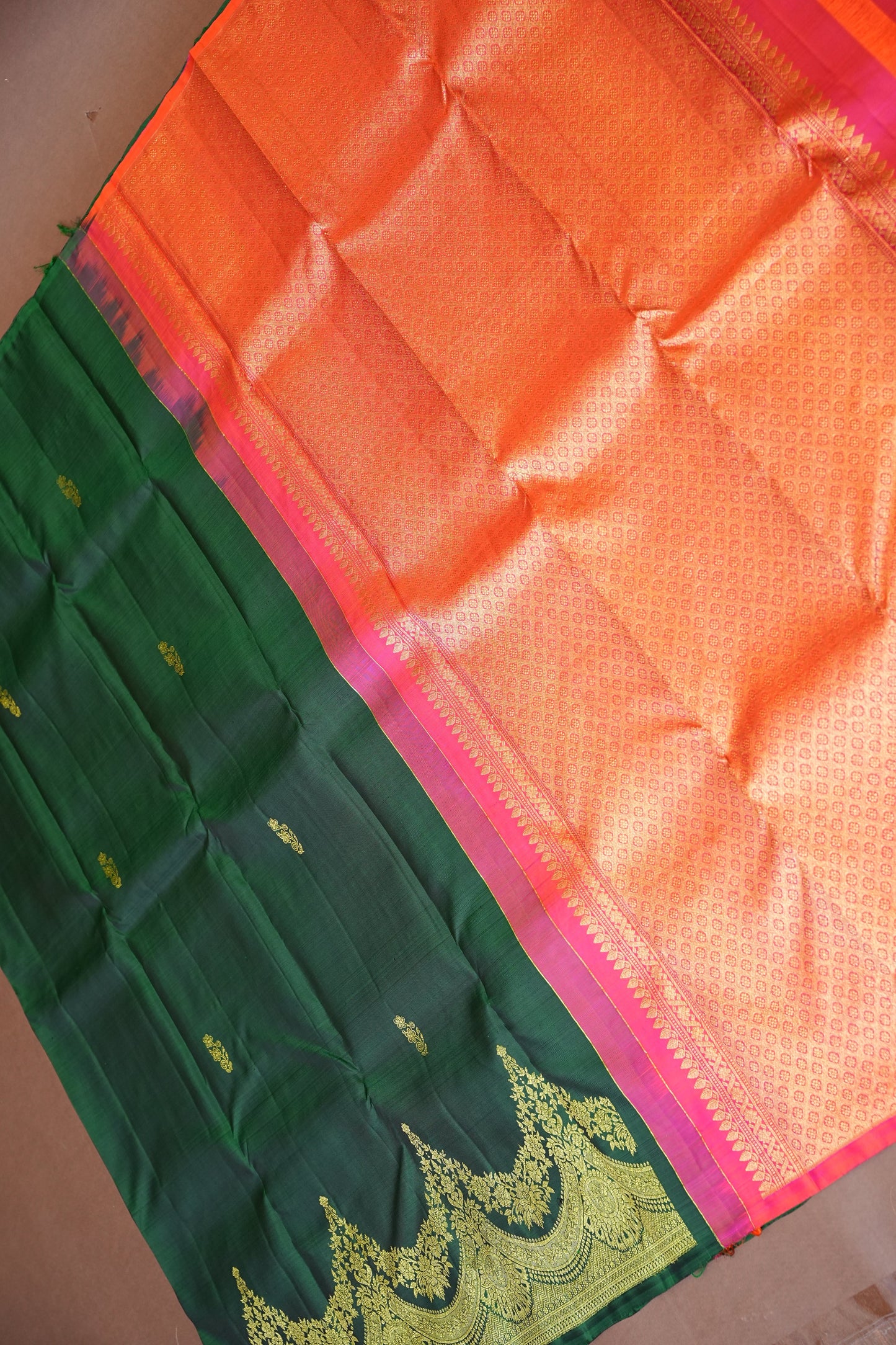 Pure Kanchipuram Silk Saree with Gold Zari Pallu - Emerald Green & Coral Pink