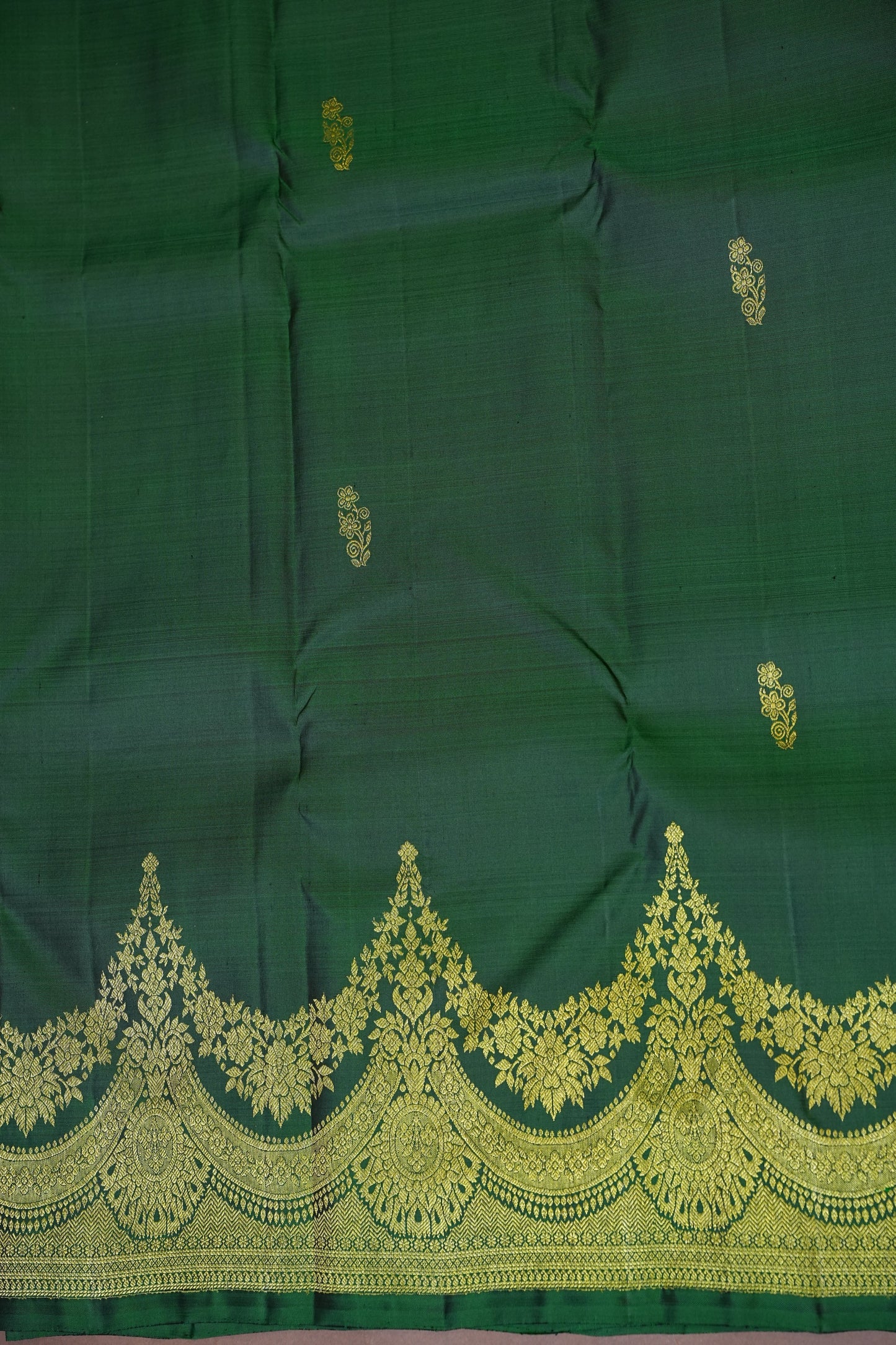 Pure Kanchipuram Silk Saree with Gold Zari Pallu - Emerald Green & Coral Pink