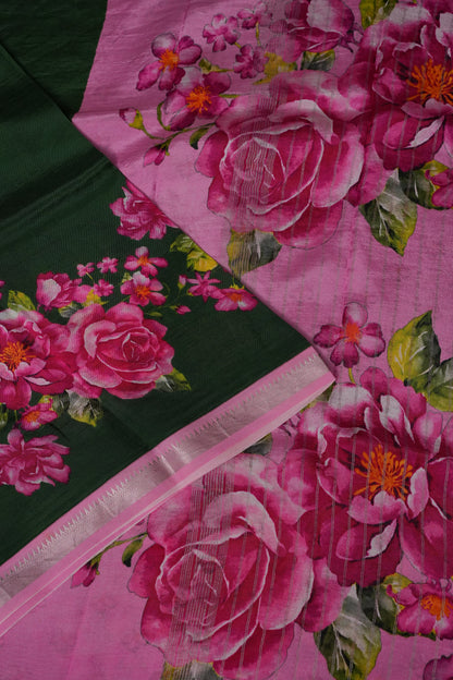Mangalagiri Printed Silk Saree - Bottle Green & Blush Pink