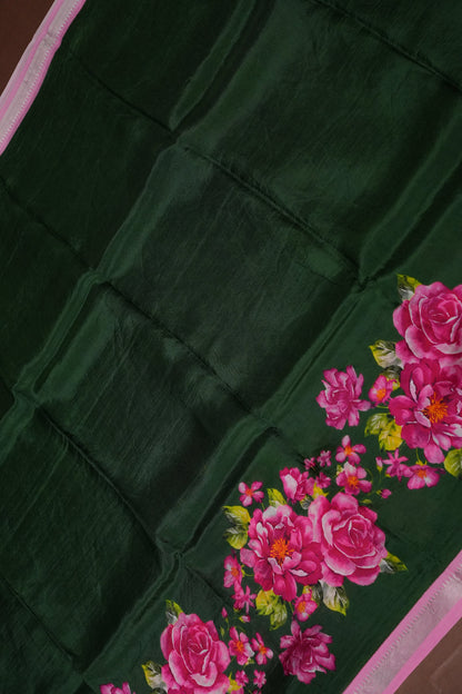 Mangalagiri Printed Silk Saree - Bottle Green & Blush Pink