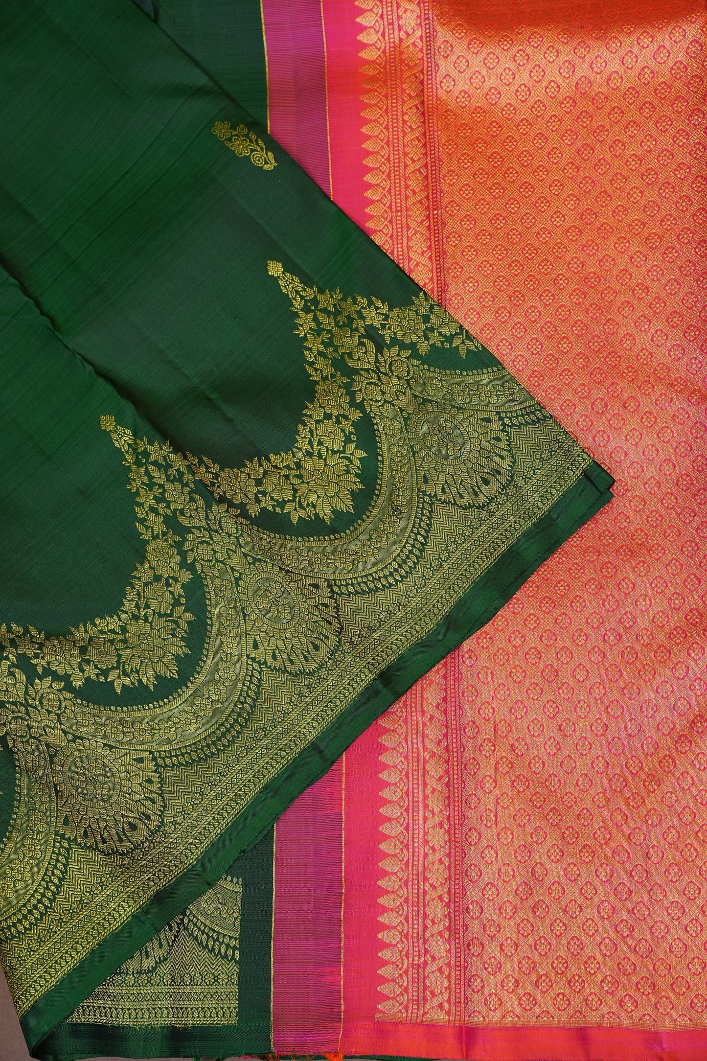 Pure Kanchipuram Silk Saree with Gold Zari Pallu - Emerald Green & Coral Pink