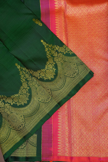 Pure Kanchipuram Silk Saree with Gold Zari Pallu - Emerald Green & Coral Pink