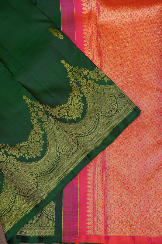 Pure Kanchipuram Silk Saree with Gold Zari Pallu - Emerald Green & Coral Pink