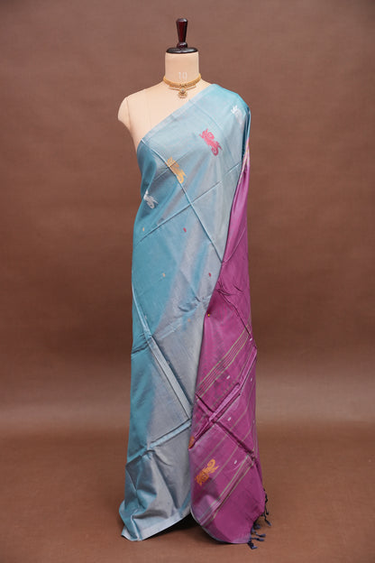 Handwoven Vegan Banana Pith Saree – Aqua Blue and Purple