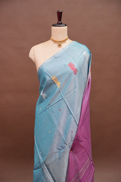 Handwoven Vegan Banana Pith Saree – Aqua Blue and Purple