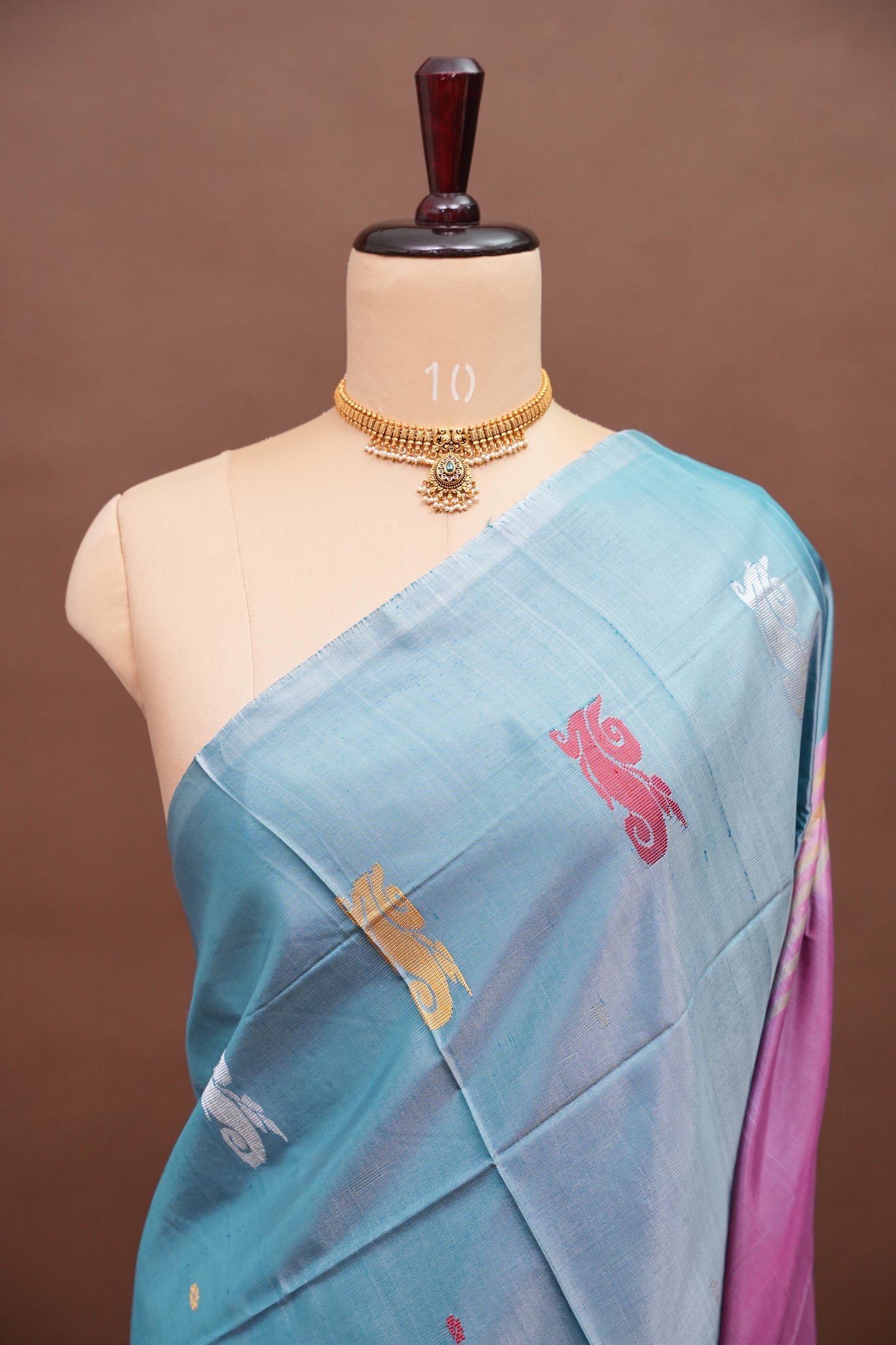 Handwoven Vegan Banana Pith Saree – Aqua Blue and Purple