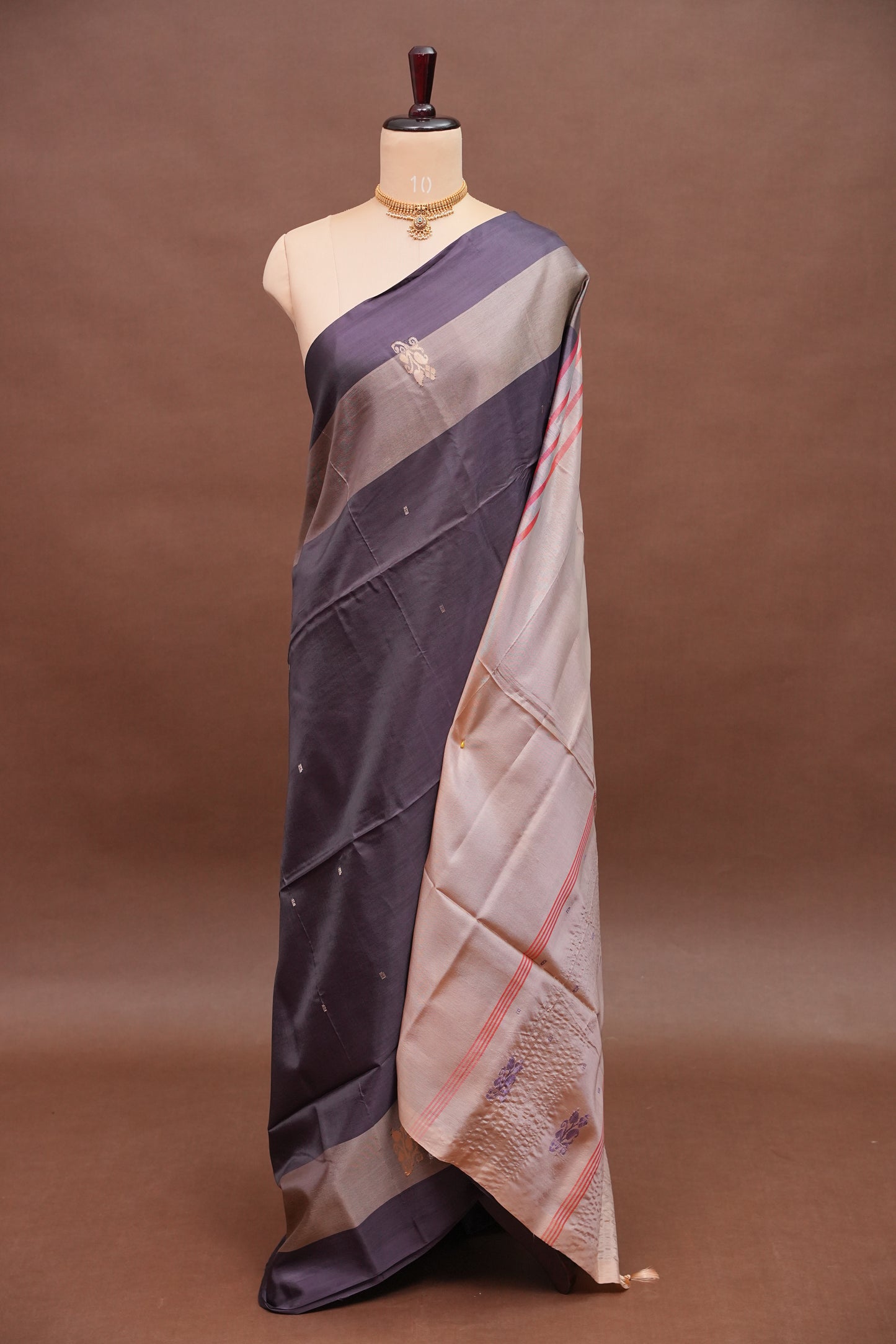 Handwoven Vegan Banana Pith Saree – Chocolate brown & Ivory White with Traditional Motifs