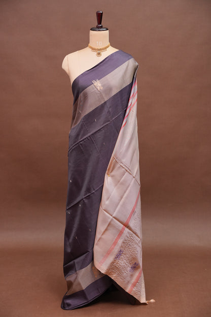 Handwoven Vegan Banana Pith Saree – Chocolate brown & Ivory White with Traditional Motifs
