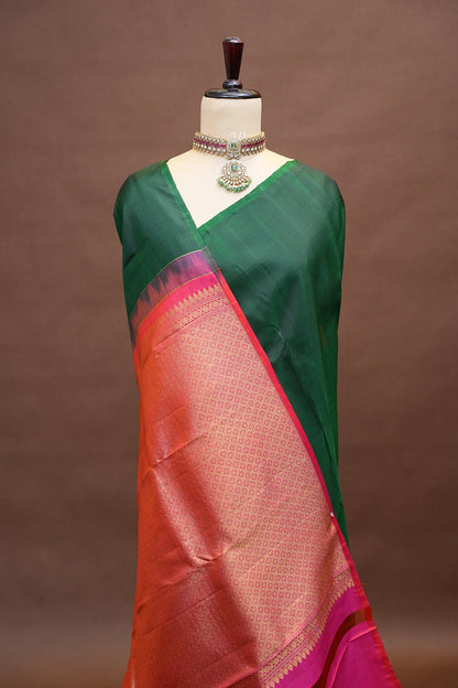 Pure Kanchipuram Silk Saree with Gold Zari Pallu - Emerald Green & Coral Pink