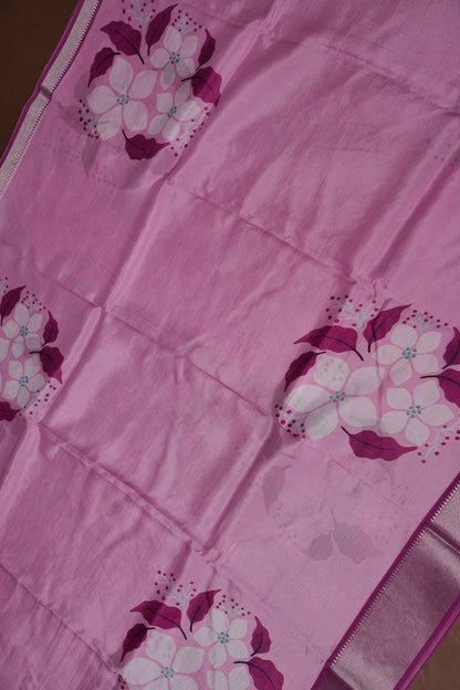 Mangalagiri Printed Silk Saree - Blush Pink & Wine Purple