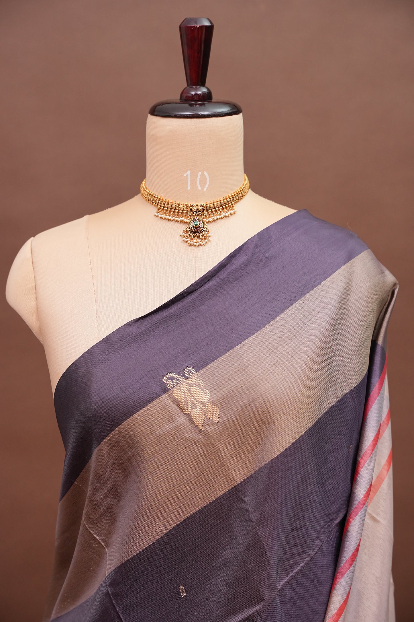 Handwoven Vegan Banana Pith Saree – Chocolate brown & Ivory White with Traditional Motifs