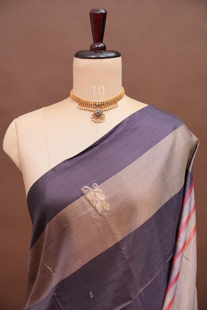 Handwoven Vegan Banana Pith Saree – Chocolate brown & Ivory White with Traditional Motifs