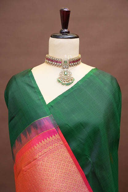 Pure Kanchipuram Silk Saree with Gold Zari Pallu - Emerald Green & Coral Pink