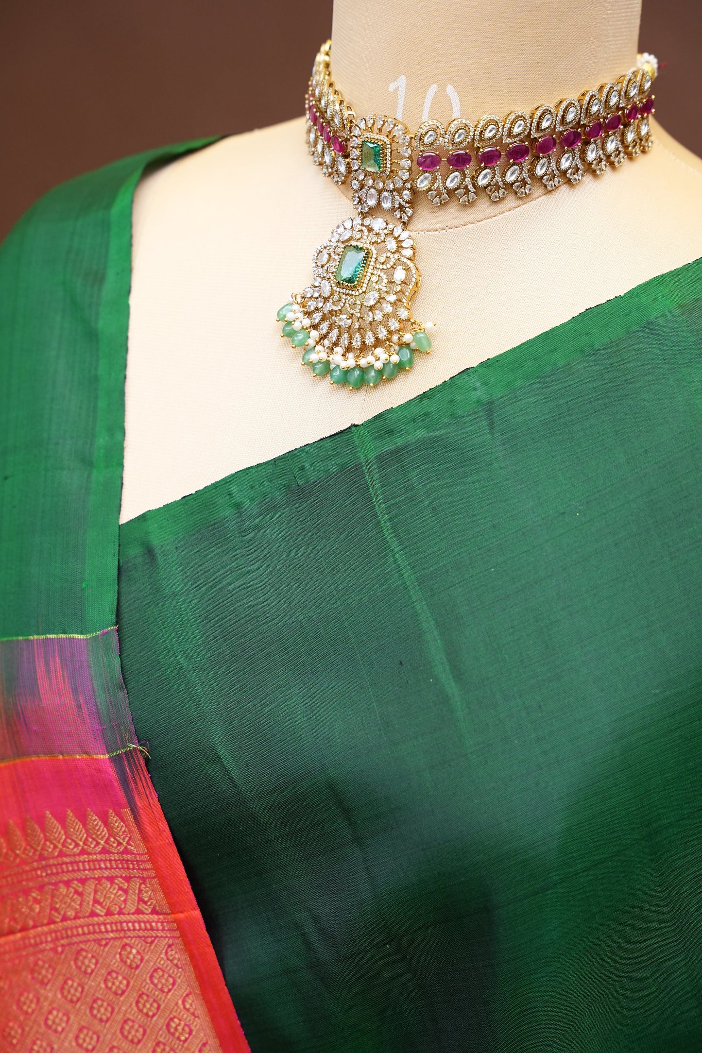 Pure Kanchipuram Silk Saree with Gold Zari Pallu - Emerald Green & Coral Pink