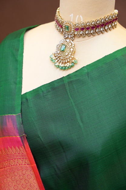 Pure Kanchipuram Silk Saree with Gold Zari Pallu - Emerald Green & Coral Pink