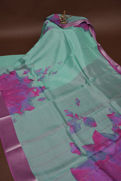 Mangalagiri Printed Silk Saree - Mint Green & Orchid Pink