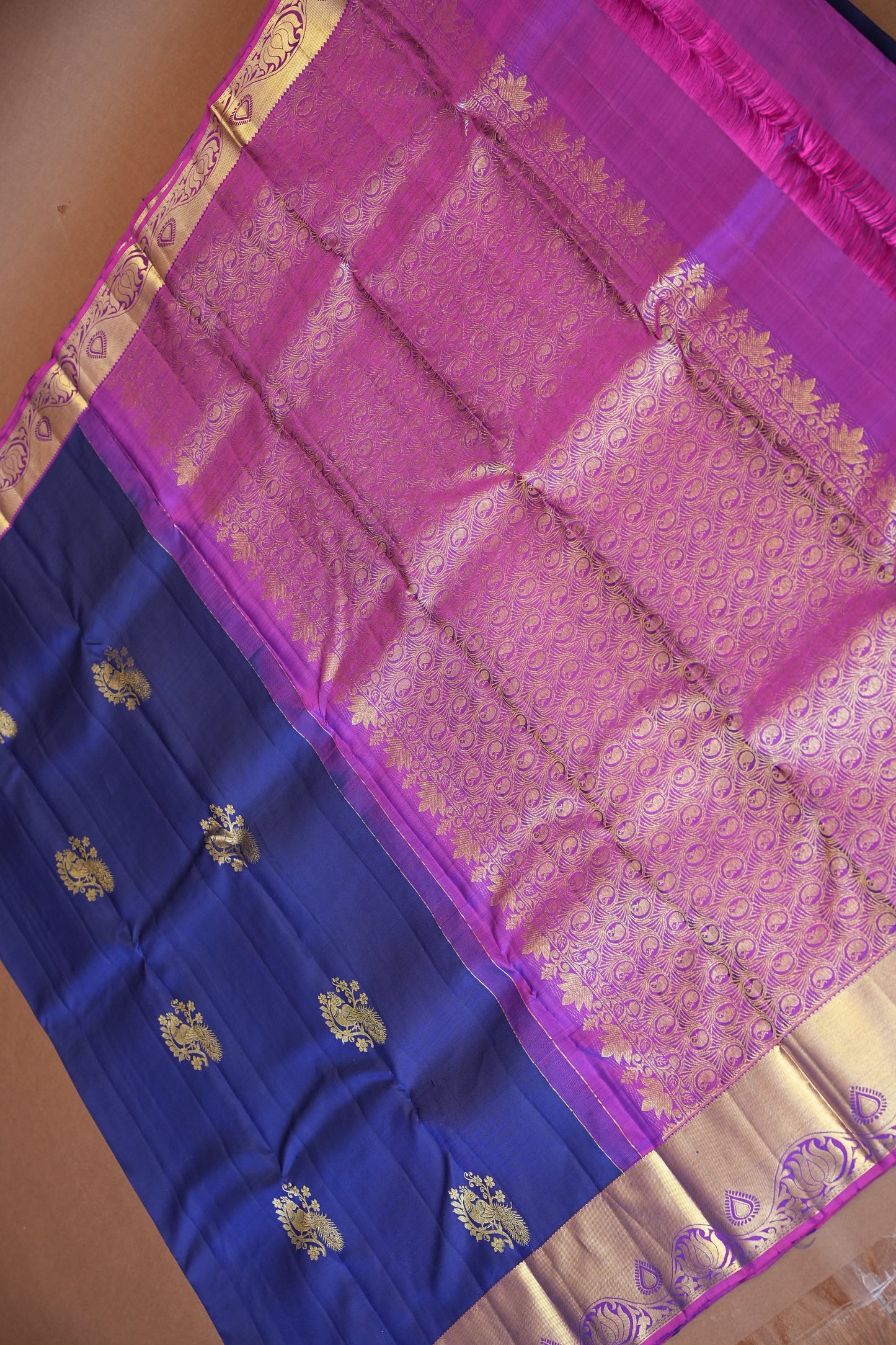 Pure Kanchipuram Silk Saree with Rich Gold Zari Weave – Royal Blue & Magenta