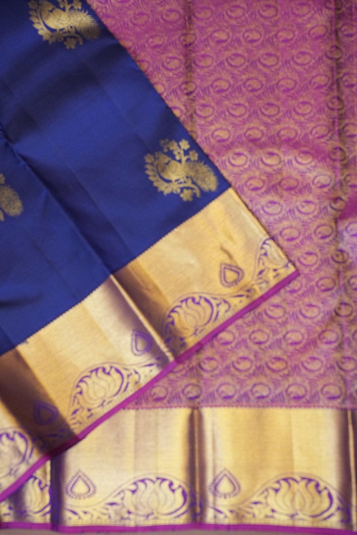 Pure Kanchipuram Silk Saree with Rich Gold Zari Weave – Royal Blue & Magenta