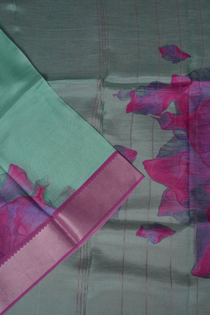 Mangalagiri Printed Silk Saree - Mint Green & Orchid Pink