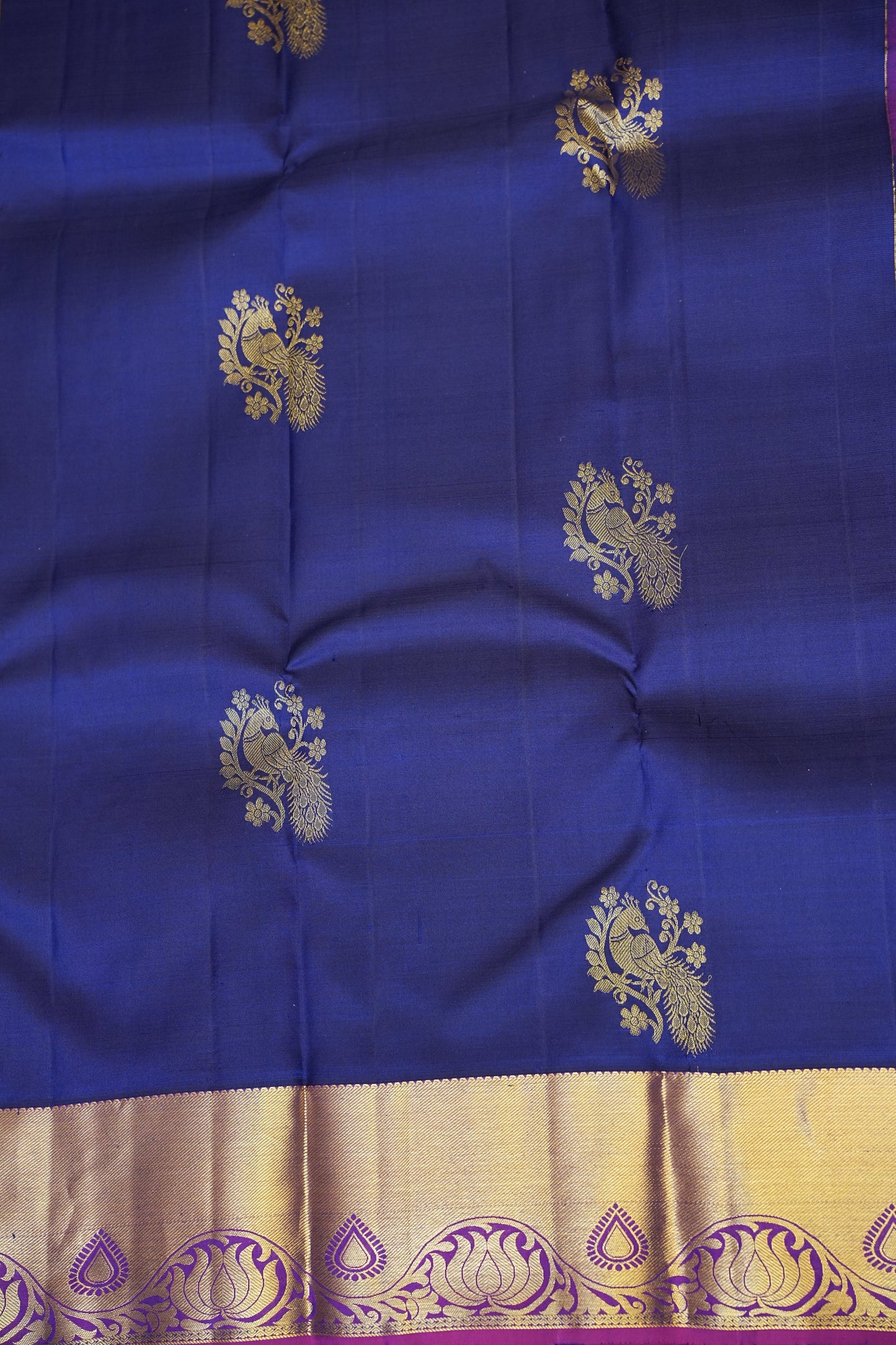 Pure Kanchipuram Silk Saree with Rich Gold Zari Weave – Royal Blue & Magenta