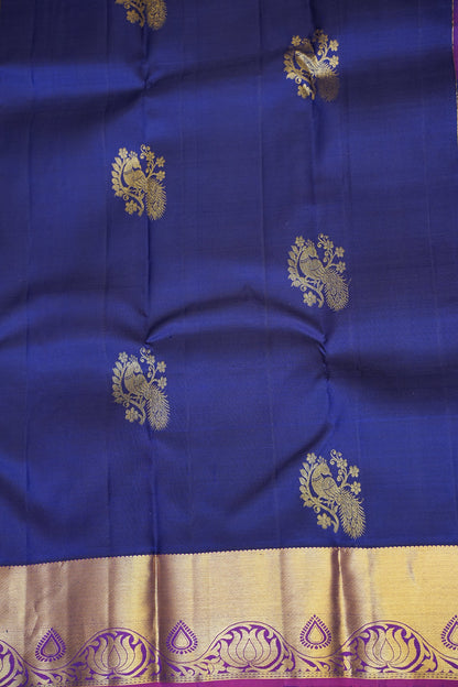 Pure Kanchipuram Silk Saree with Rich Gold Zari Weave – Royal Blue & Magenta