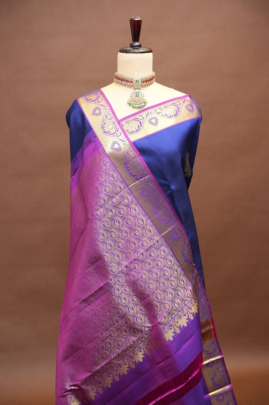 Pure Kanchipuram Silk Saree with Rich Gold Zari Weave – Royal Blue & Magenta