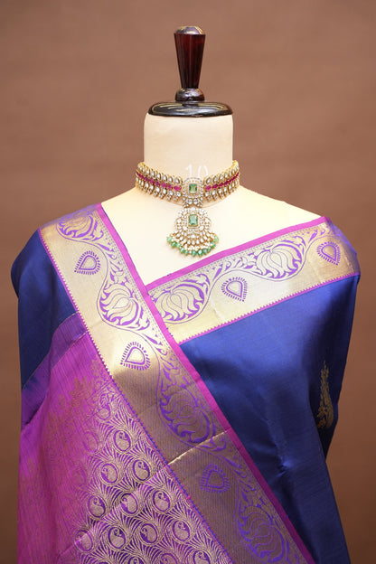 Pure Kanchipuram Silk Saree with Rich Gold Zari Weave – Royal Blue & Magenta