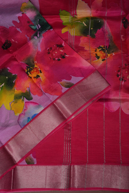 Mangalagiri Printed Silk Saree - Lilac Pink & Rani Pink