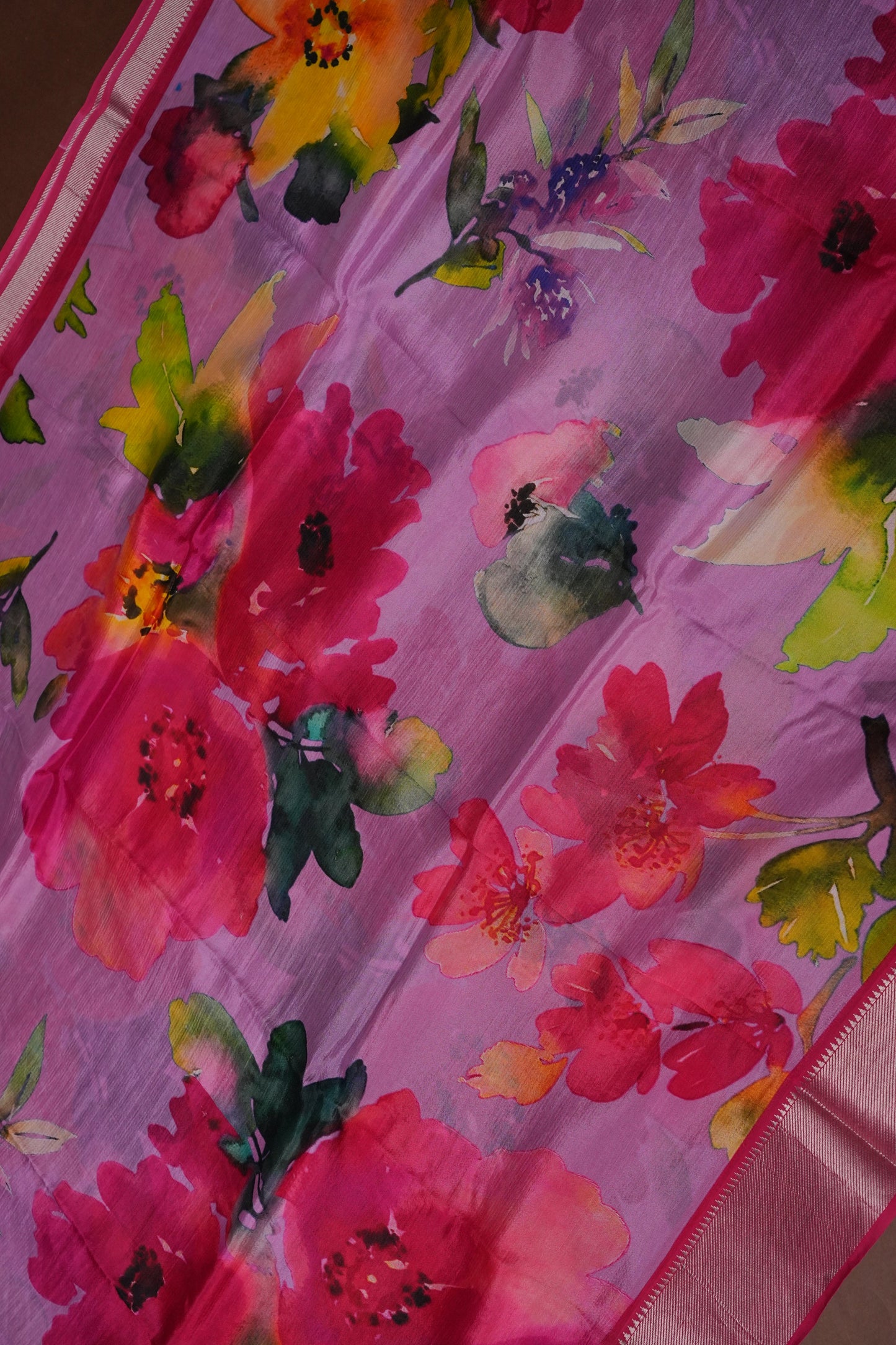Mangalagiri Printed Silk Saree - Lilac Pink & Rani Pink