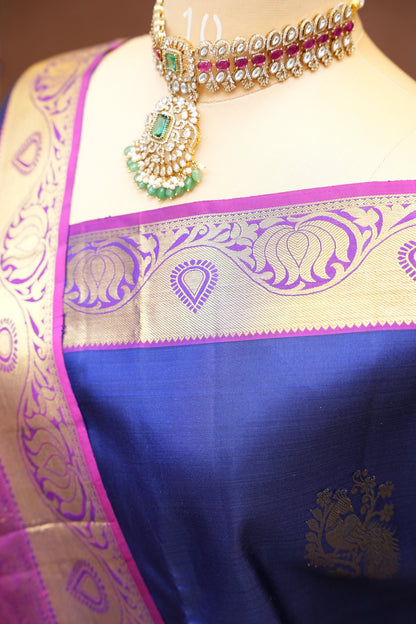 Pure Kanchipuram Silk Saree with Rich Gold Zari Weave – Royal Blue & Magenta