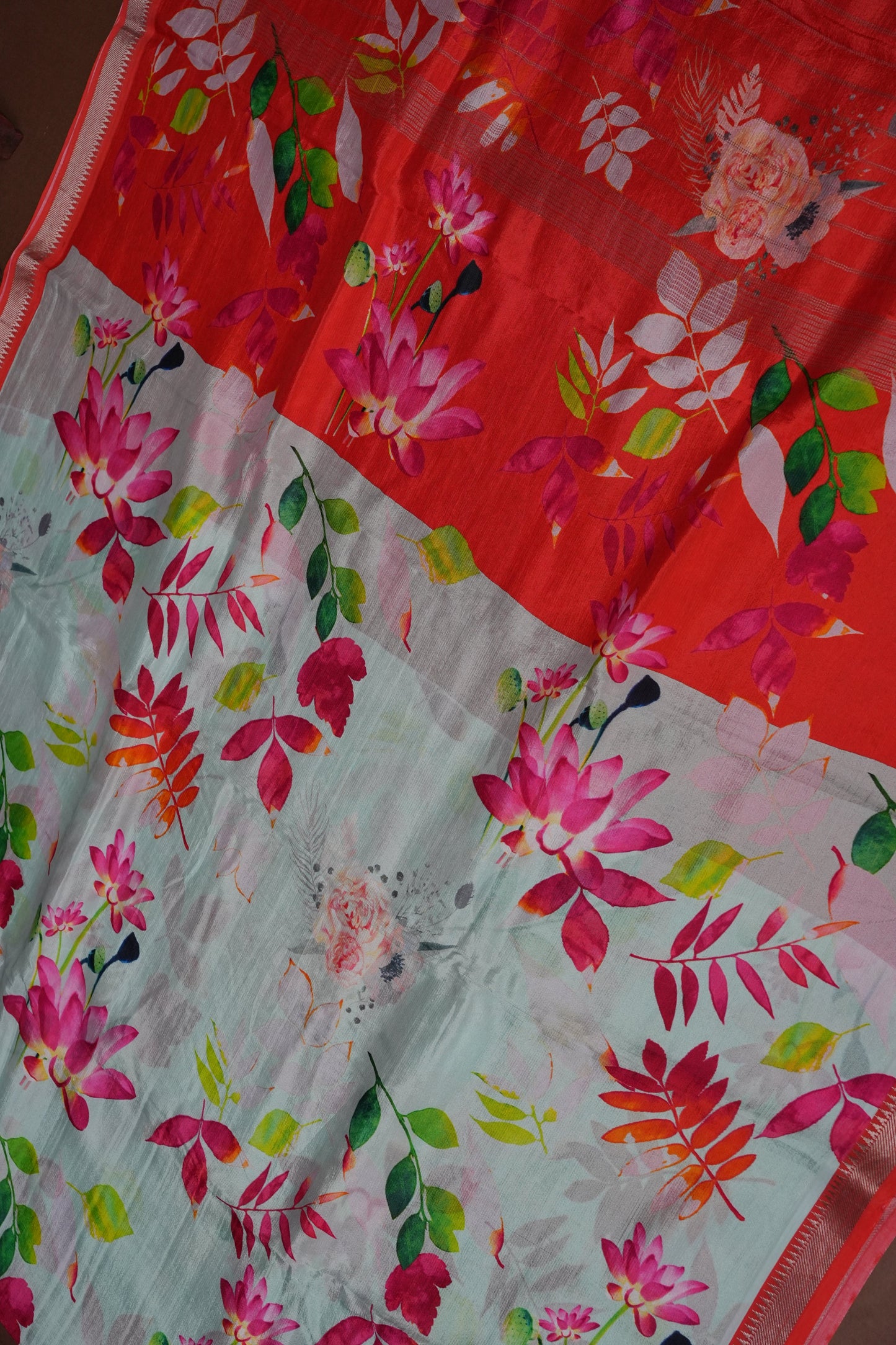 Mangalagiri Printed Silk Saree - Aqua Blue & Coral Orange