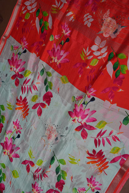 Mangalagiri Printed Silk Saree - Aqua Blue & Coral Orange