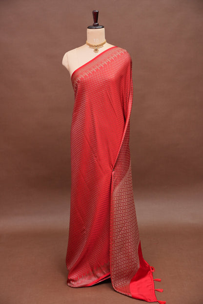 Satin Georgette Banarasi Saree with Antique Buttas & Border – Red