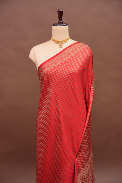 Satin Georgette Banarasi Saree with Antique Buttas & Border – Red