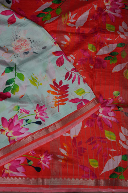 Mangalagiri Printed Silk Saree - Aqua Blue & Coral Orange