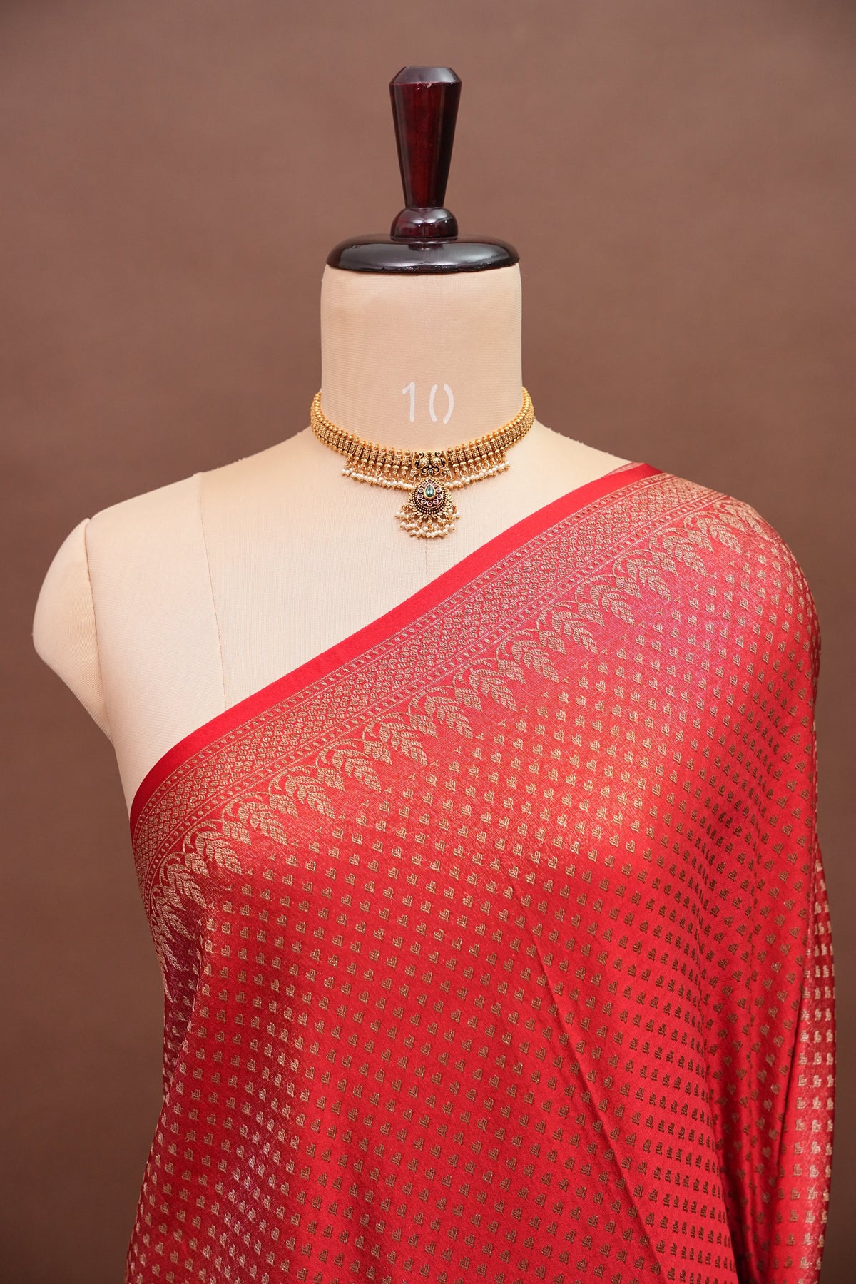 Satin Georgette Banarasi Saree with Antique Buttas & Border – Red