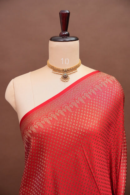 Satin Georgette Banarasi Saree with Antique Buttas & Border – Red