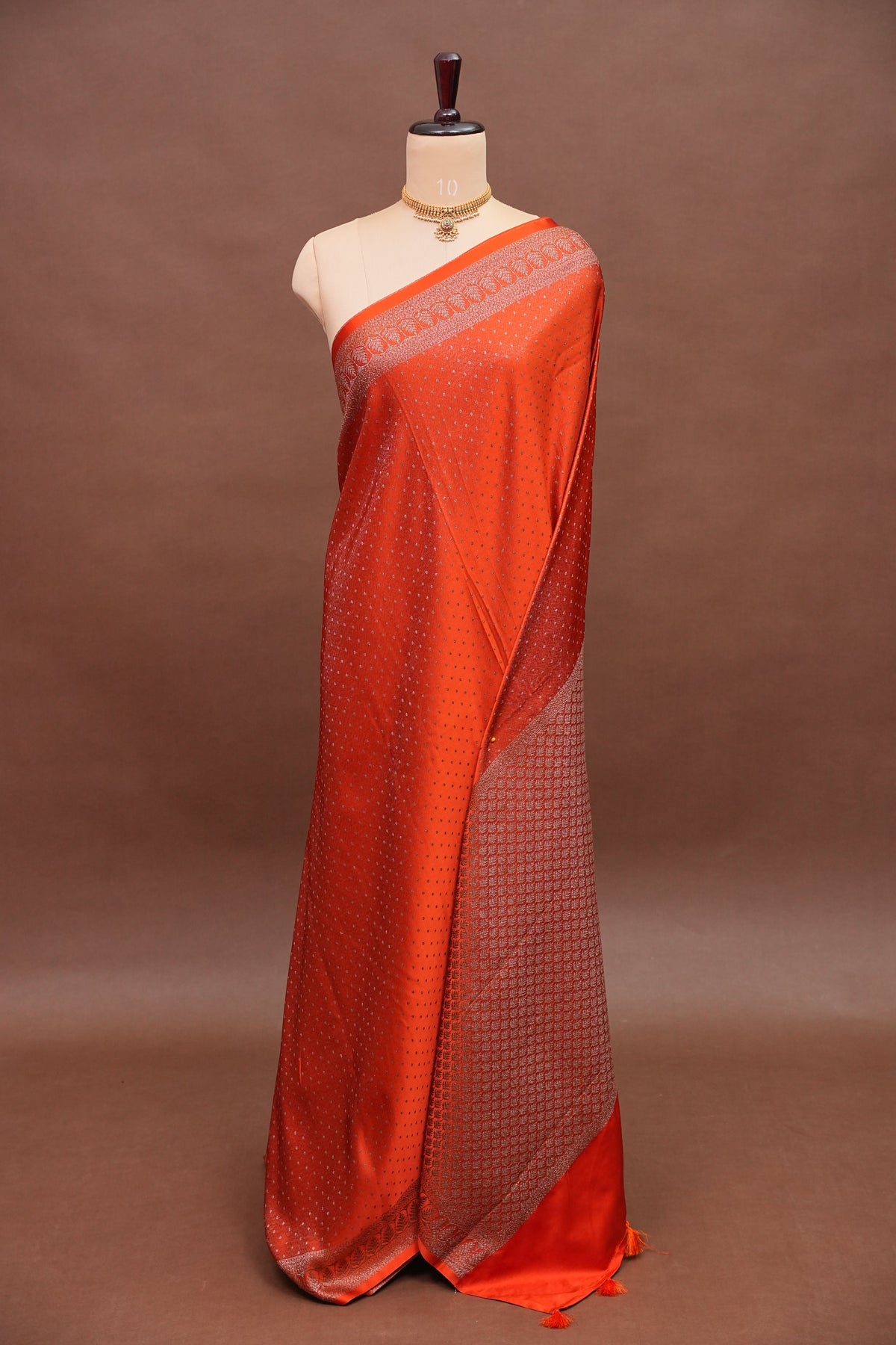 Satin Georgette Banarasi Saree with Antique Buttas & Border – Orange