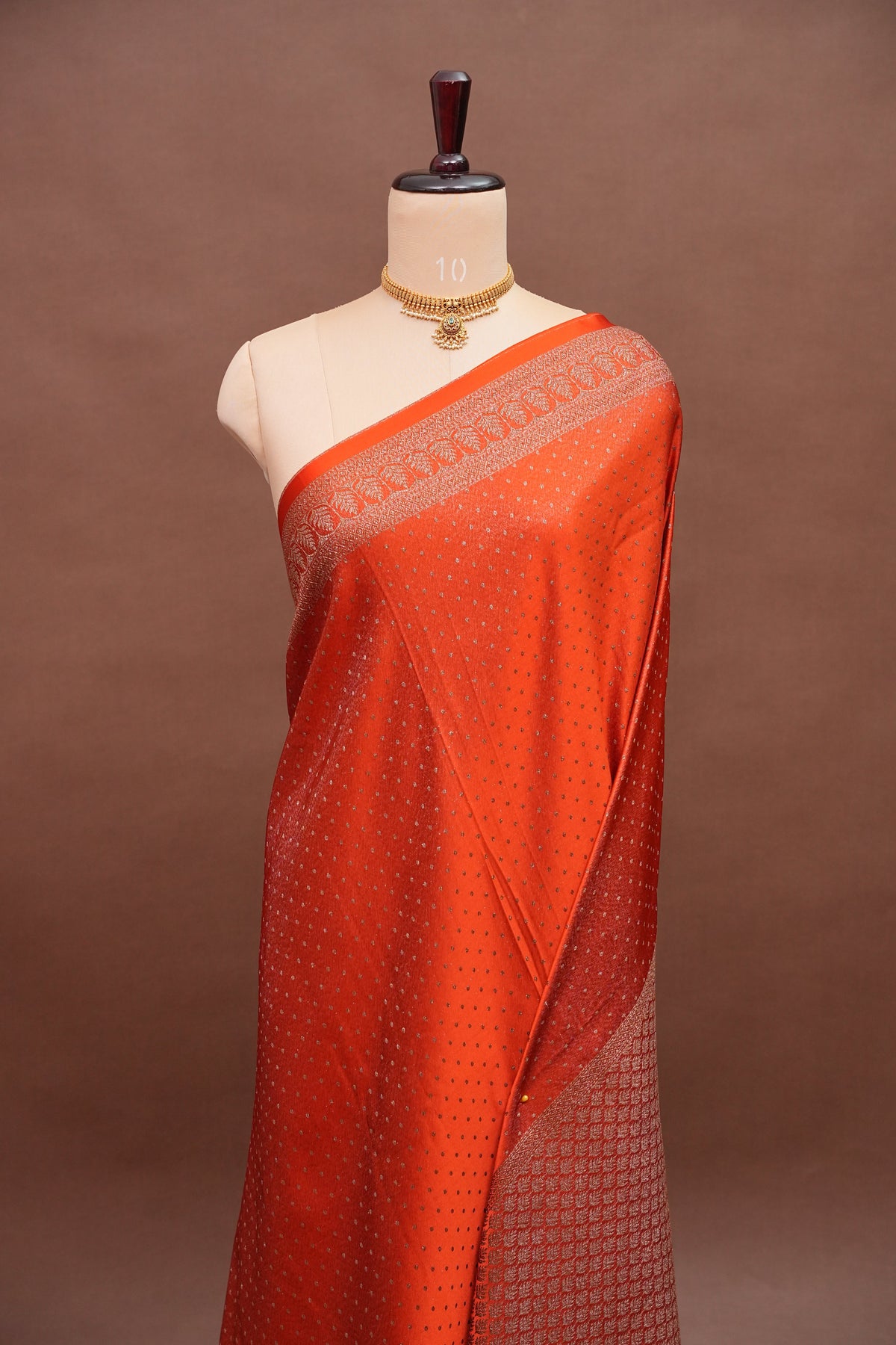 Satin Georgette Banarasi Saree with Antique Buttas & Border – Orange