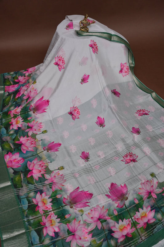 Mangalagiri Printed Silk Saree - Pearl White & Lotus Pink