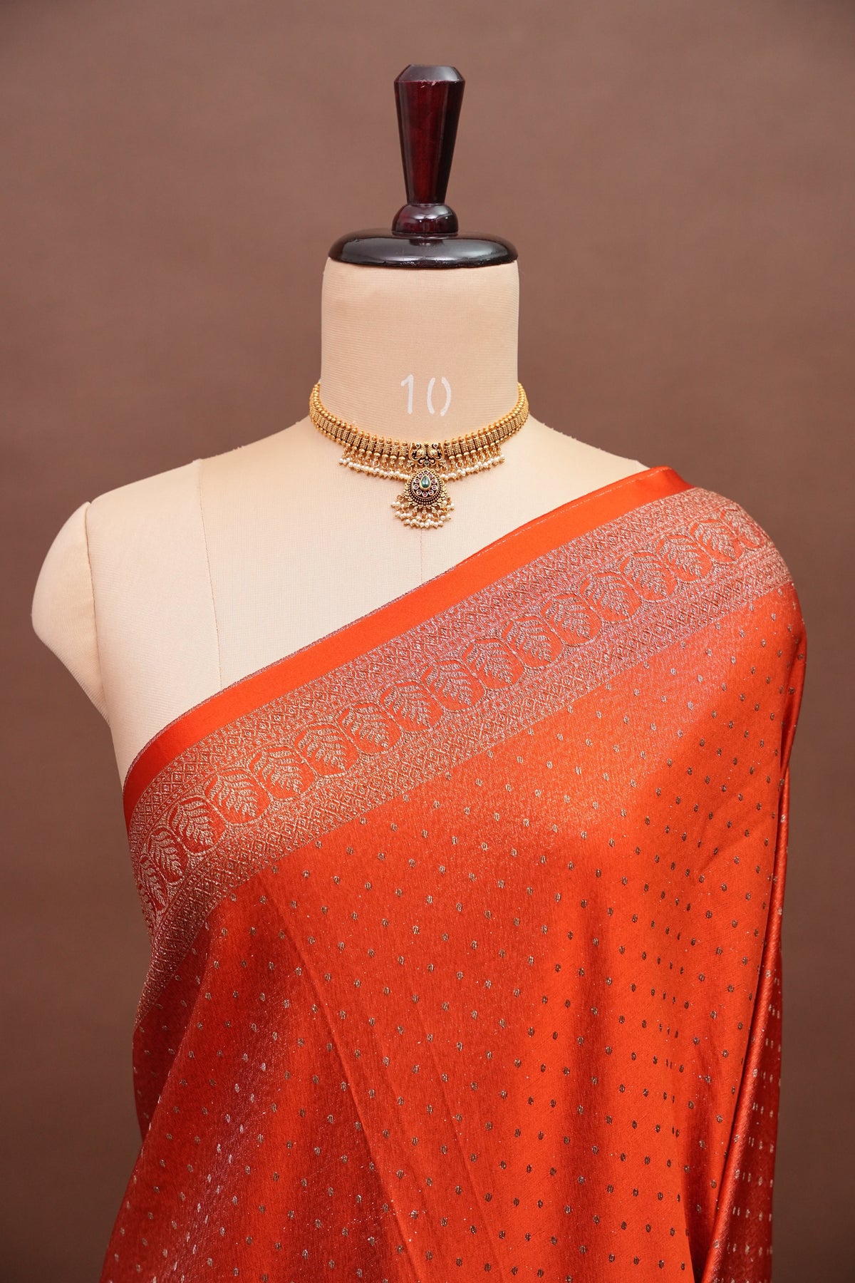 Satin Georgette Banarasi Saree with Antique Buttas & Border – Orange