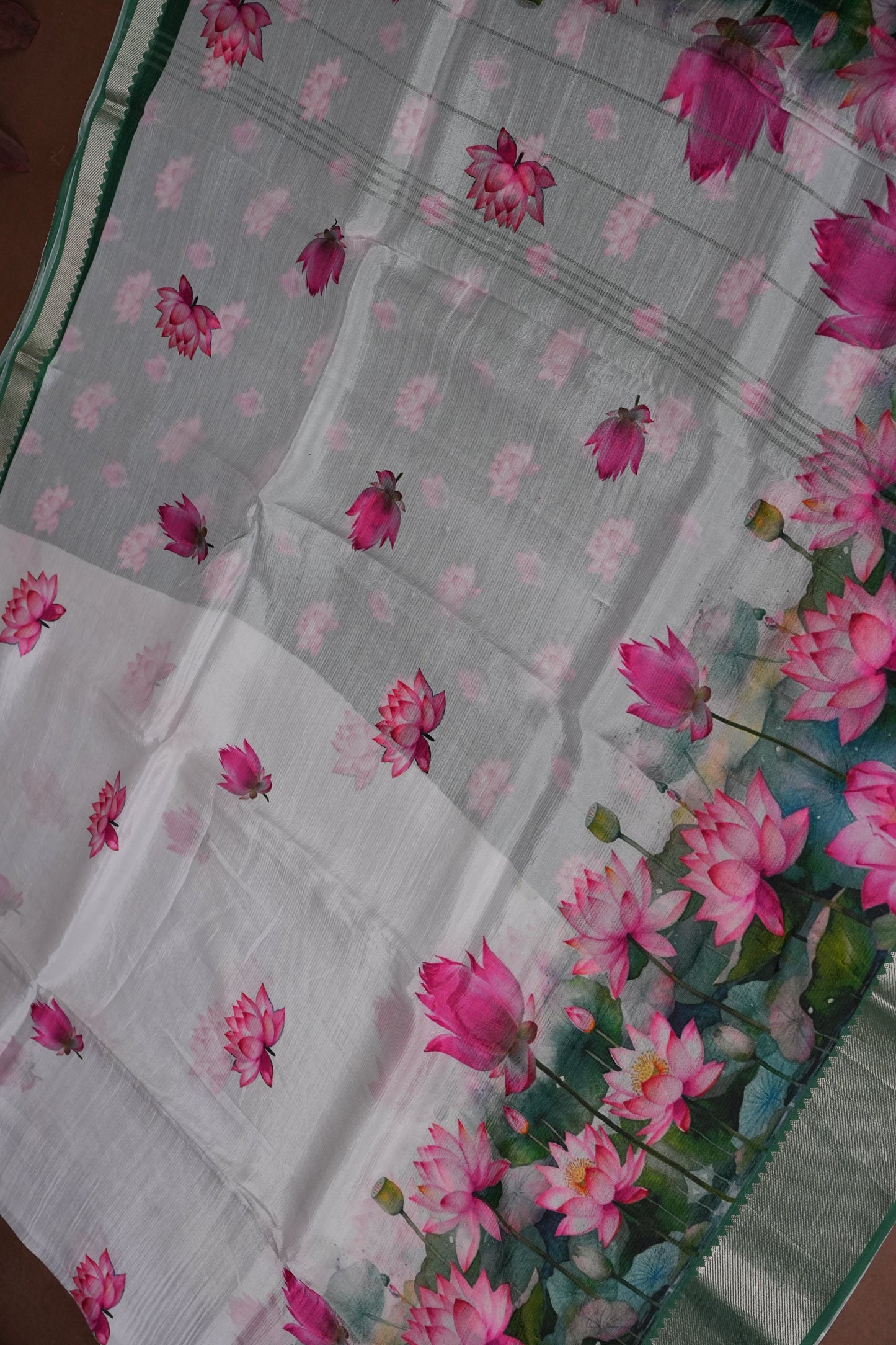 Mangalagiri Printed Silk Saree - Pearl White & Lotus Pink