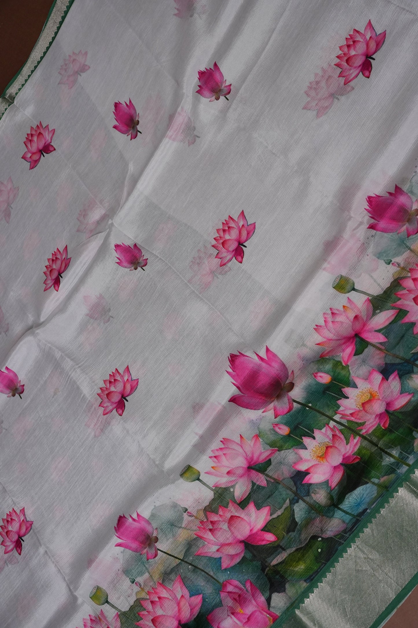 Mangalagiri Printed Silk Saree - Pearl White & Lotus Pink