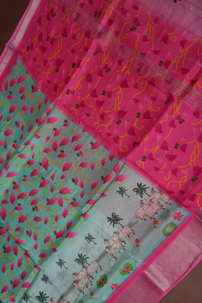 Mangalagiri Printed Silk Saree - Aqua Green & Coral Pink