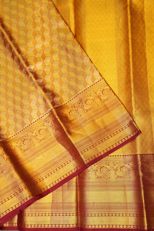 Gold & Deep Red Pure Tissue Kanchipuram Silk Saree|Silk Mark Certified